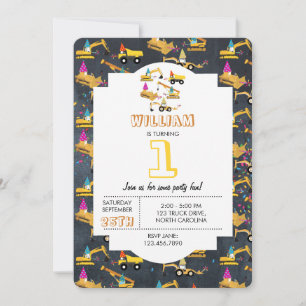Invitación Construcción Camiones Fiesta Patrón Niños Cumpleañ