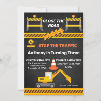 Invitación Construcción Cierre La Carretera Niños Cumpleaños