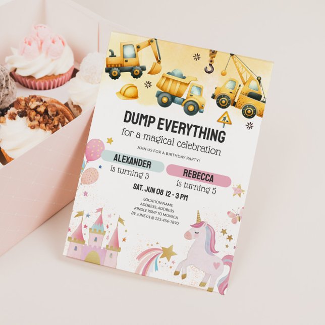Invitación Construcción conjunta y cumpleaños de hermano unic (Joint Kids Birthday Party Invitation - Dump Trucks & Unicorns)
