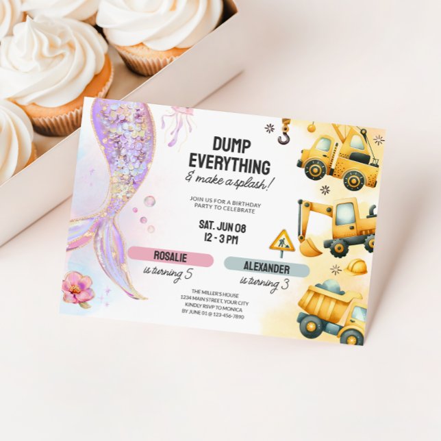 Invitación Construcción conjunta y cumpleaños de hermanos de  (Kids Joint Birthday Invite - Mermaid & Construction)