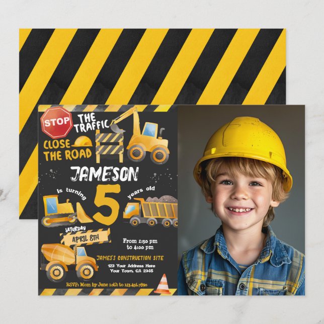 Invitación Construcción, cumpleaños del camión volcado (Anverso / Reverso)