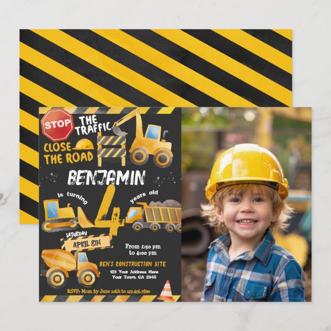 Invitación Construcción, cumpleaños del camión volcado (Anverso / Reverso)