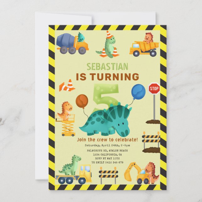 Invitación Construcción de equipo de Dino Dinosaurio de 5 año (Anverso)