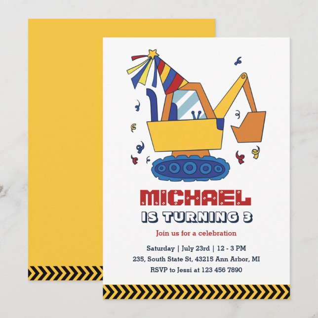 Invitación Construcción de Excavator Construcción Niños Cumpl (Anverso / Reverso)