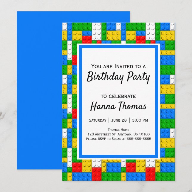 Invitación Construcción de ladrillos Juguete Cumpleaños (Anverso / Reverso)