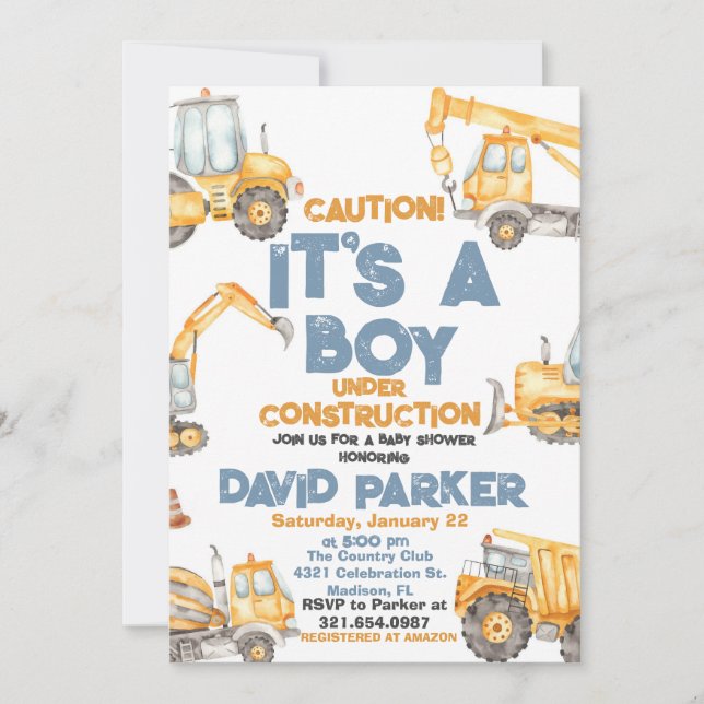 Invitación Construcción Fiesta de Camión Volquete Es un Niño (Anverso)