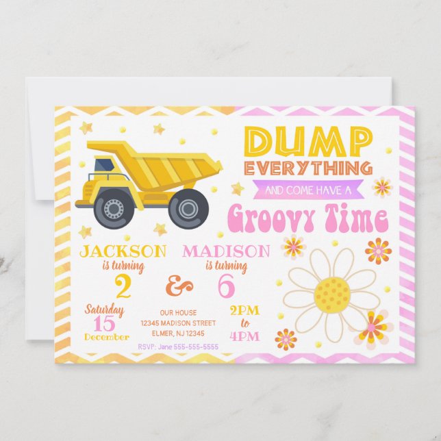 Invitación Construcción y Cumpleaños Groovy Juntos (Anverso)