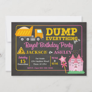 Invitación Construcción y princesa Joint Birthday Invitation