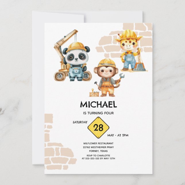 Invitación Construcciones de Animales en Acuarela Cualquier A (Anverso)