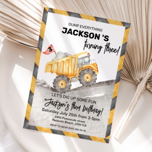 Invitación Construction 3rd birthay Dump Truck party (Construction Dump truck 3rd birthday invitation)