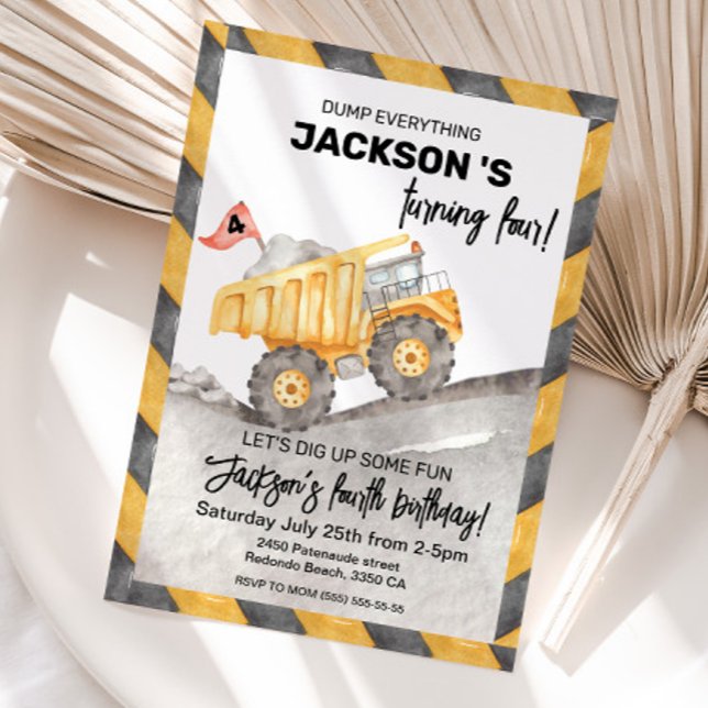 Invitación Construction 4th Birthday Invitation, Dump Truck (Construction 4th birthday invitation)