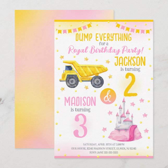 Invitación Construction and Princess  Siblings Joint Birthday (Anverso / Reverso)