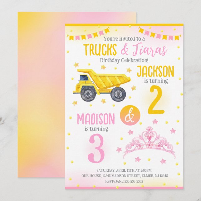 Invitación Construction and Princess  SIblings Joint Birthday (Anverso / Reverso)