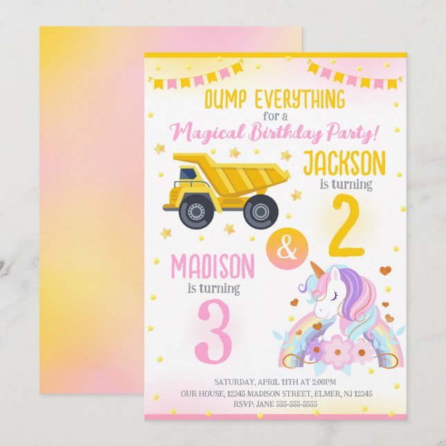 Invitación Construction and Unicorn Siblings Joint Birthday (Anverso / Reverso)