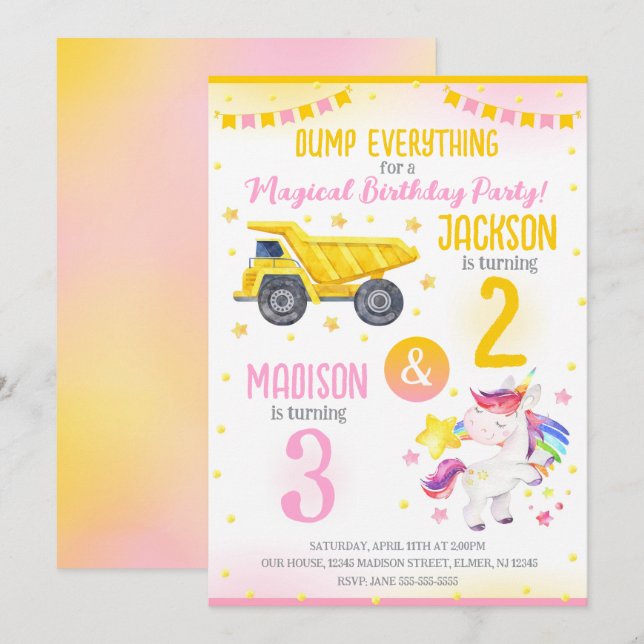 Invitación Construction and Unicorn Siblings Joint Birthday (Anverso / Reverso)