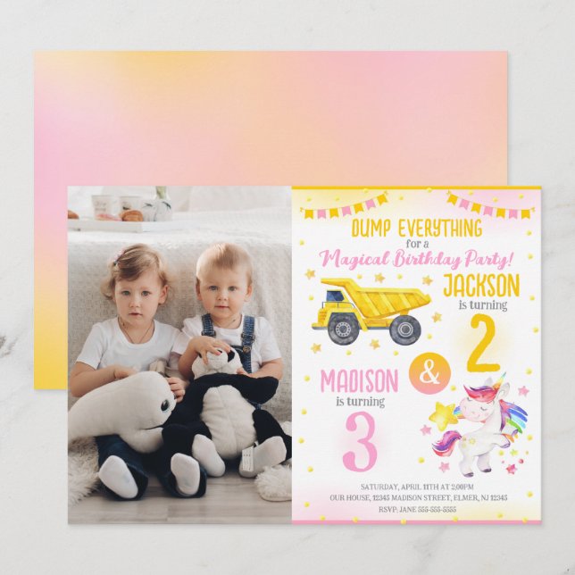 Invitación Construction and Unicorn Siblings Joint Birthday (Anverso / Reverso)