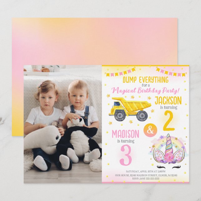 Invitación Construction and Unicorn Siblings Joint Birthday (Anverso / Reverso)