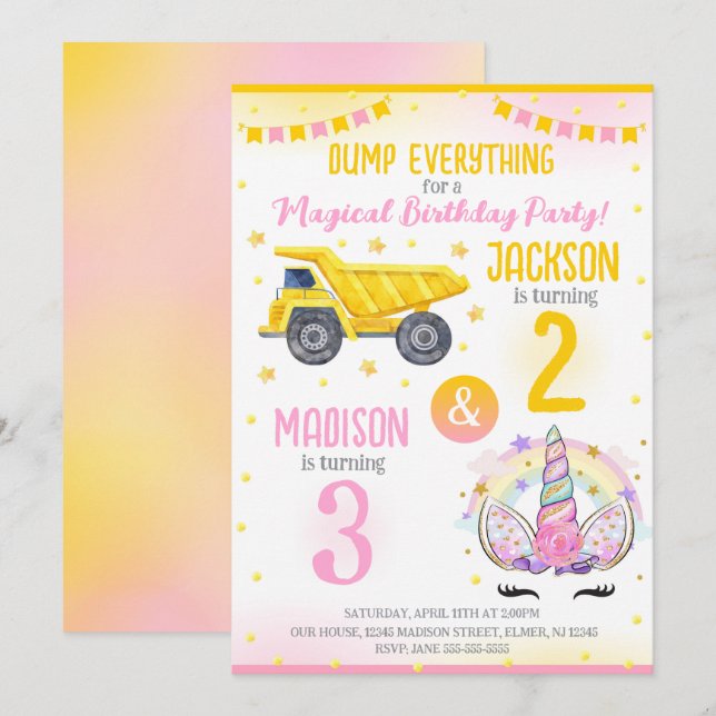 Invitación Construction and Unicorn Siblings Joint Birthday (Anverso / Reverso)
