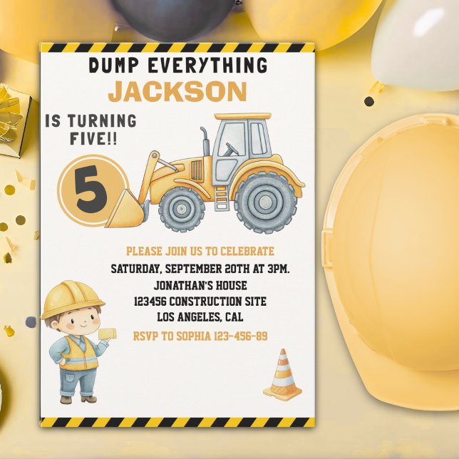 Invitación Construction Birthday 5 | Dump Truck & Excavator (Subido por el creador)