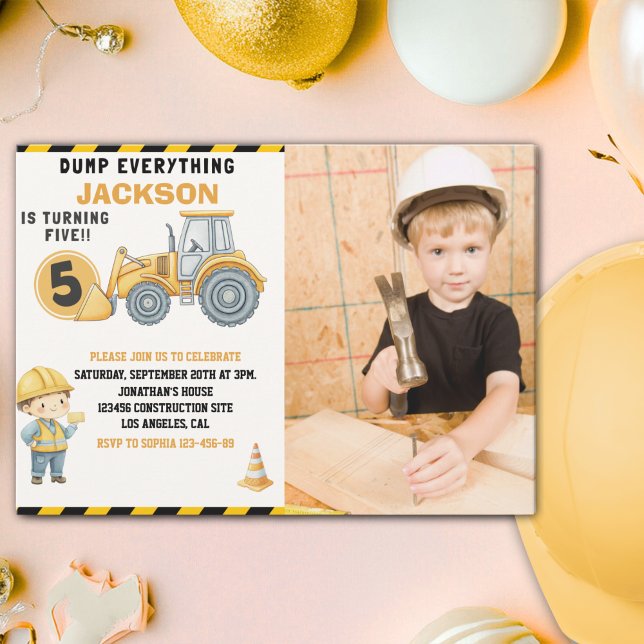 Invitación Construction Birthday 5 with Photo | Dump Truck (Subido por el creador)