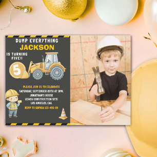 Invitación Construction Birthday 5 with Photo   Dump Truck 