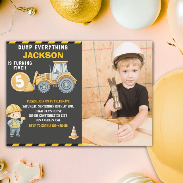Invitación Construction Birthday 5 with Photo | Dump Truck  (Subido por el creador)