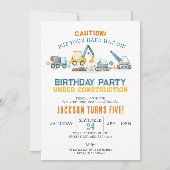 Invitación Construction Birthday, Digger Boy 5th Birthday (Anverso)