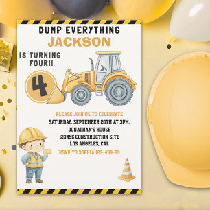 Invitación Construction Birthday   Dump Truck & Excavator