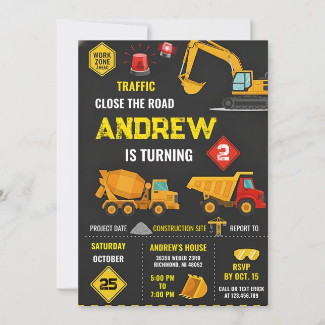 Invitación Construction Birthday Party theme Birthday  (Anverso)