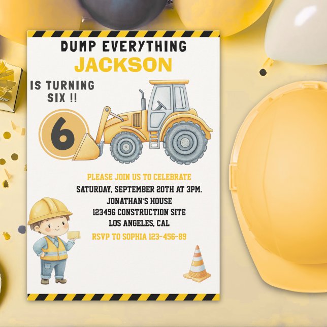 Invitación Construction Birthday Turning Six Boy Yellow (Subido por el creador)