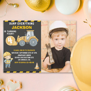 Invitación Construction Birthday  with Photo   Dump Truck 