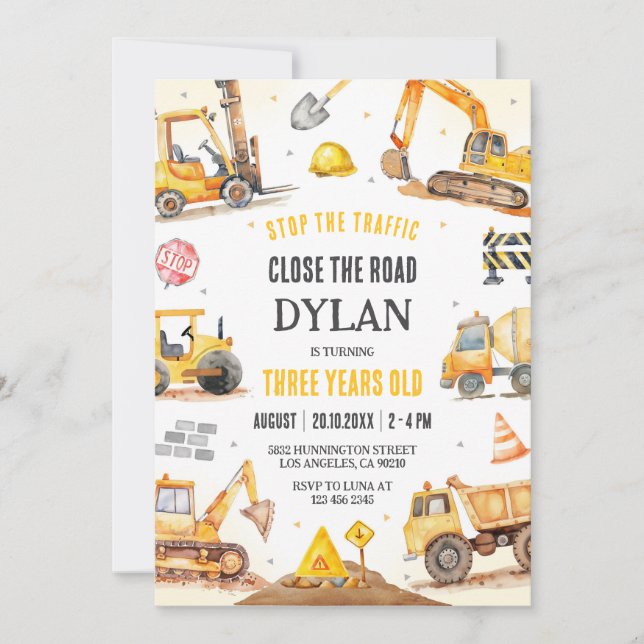 Invitación Construction Boy Birthday Invitation (Anverso)