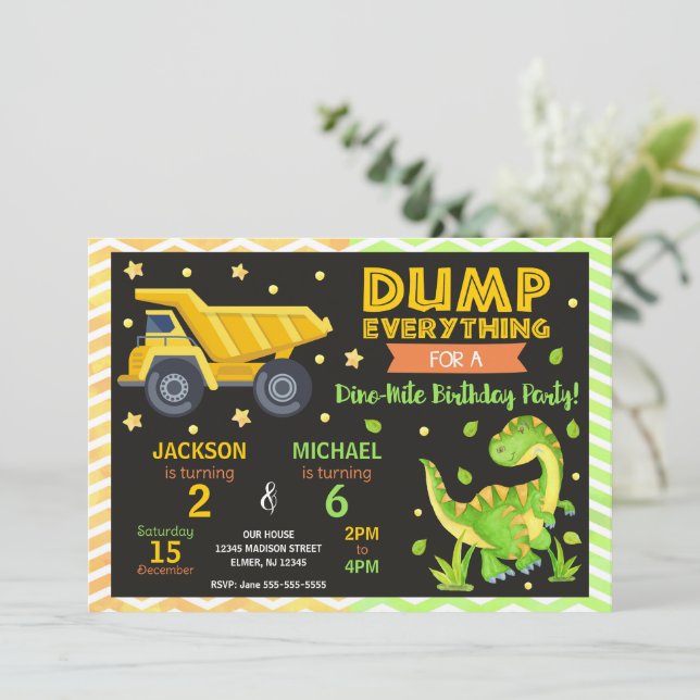 Invitación Construction & Dinosaur Joint Birthday Invitation (Anverso de pie)