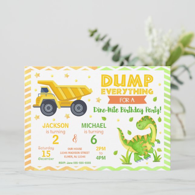 Invitación Construction & Dinosaur Joint Birthday Invitation (Anverso de pie)