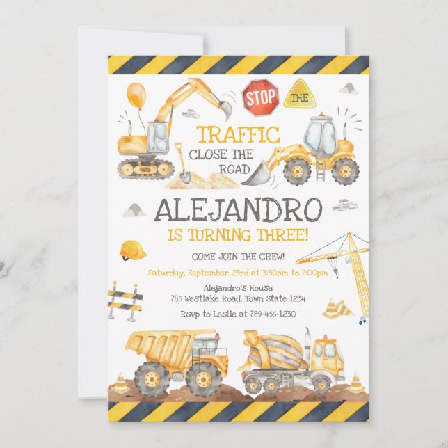 Invitación Construction Dump Truck Excavator Boy Birthday (Anverso)