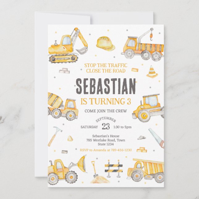Invitación Construction Dump Truck Excavator Boy Birthday (Anverso)