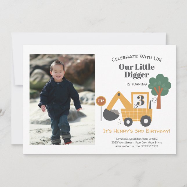 Invitación Construction Dump Truck Photo 3nd Birthday Party (Anverso)