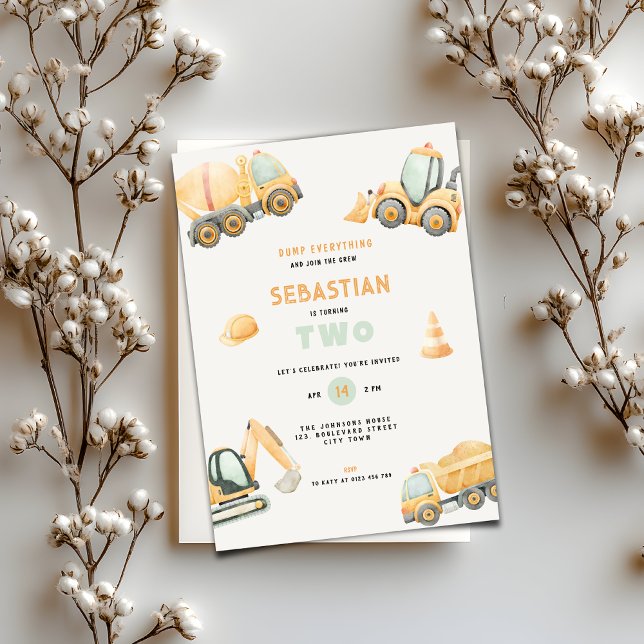 Invitación Construction Dump Truck Theme 2nd Birthday (Construction Dump Truck Party Boys Birthday Invitation)