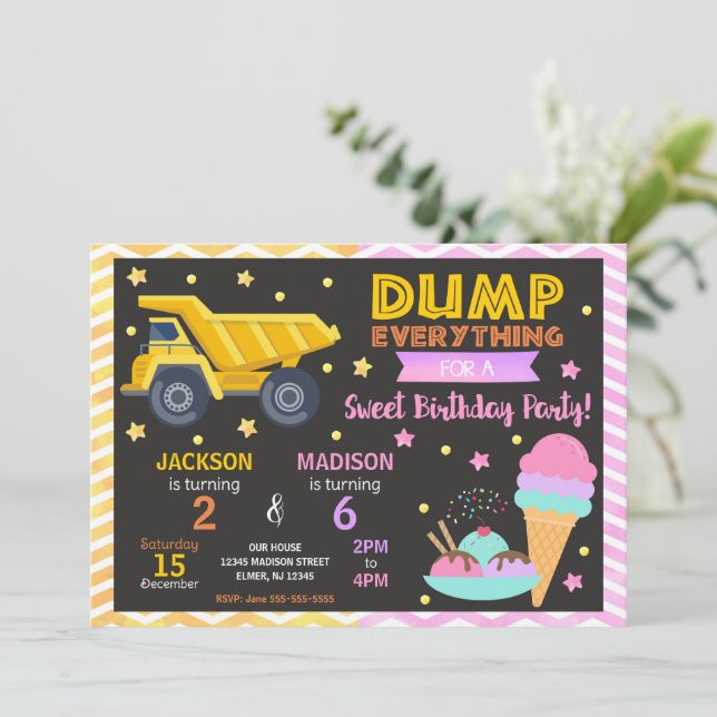Invitación Construction & Ice Cream Joint Birthday Invitation (Anverso de pie)