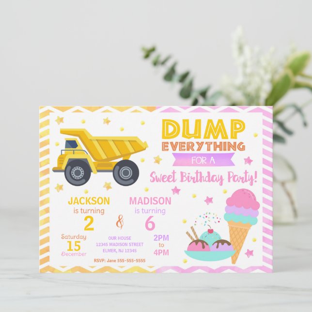 Invitación Construction & Ice Cream Joint Birthday Invitation (Anverso de pie)