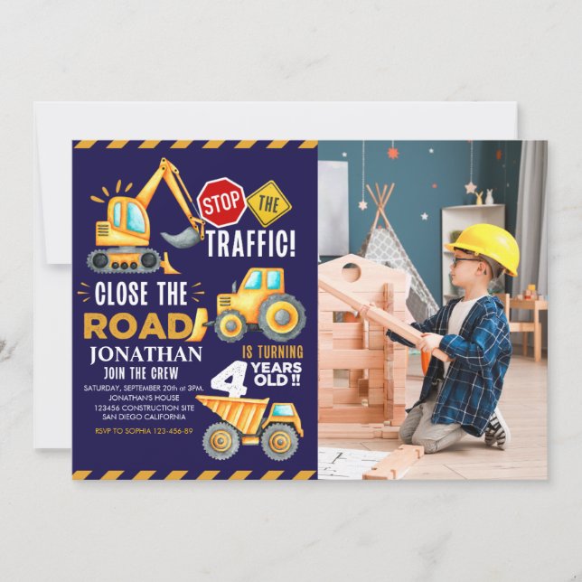 Invitación Construction Party for 4th Birthday Boy (Anverso)