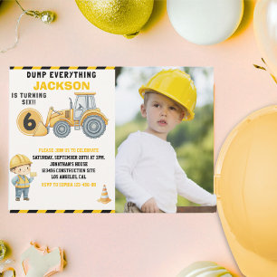 Invitación Construction Photo Birthday Turning 6 yellow