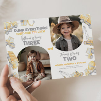 Invitación Construction Sibling Twin Brother Birthday Party