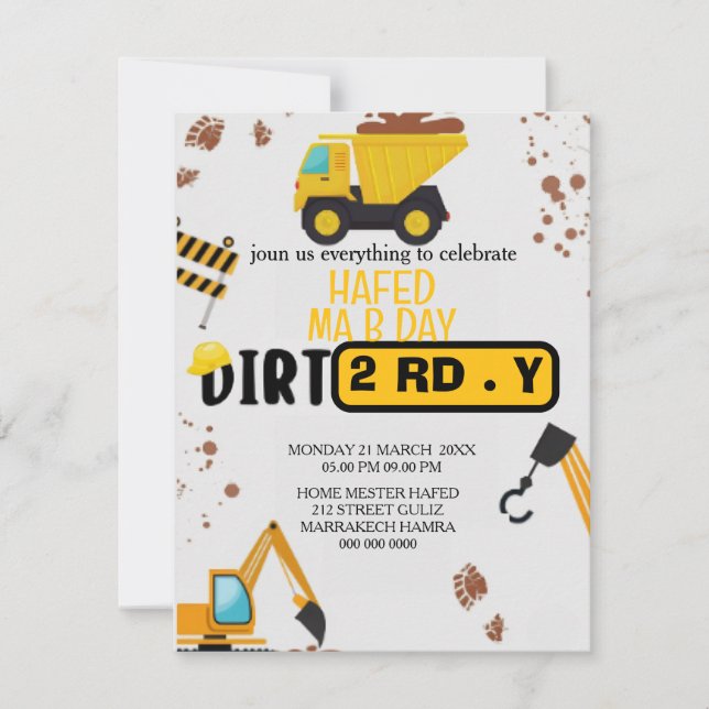 Invitación Construction Theme 3rd Birthday Invitation Dirty 3 (Anverso)