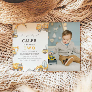 Invitación Construction Truck 2nd Birthday Photo Invitation