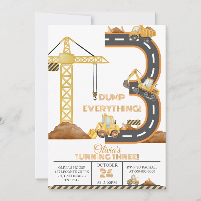Invitación Construction Truck 3rd Birthday Invitation (Anverso)