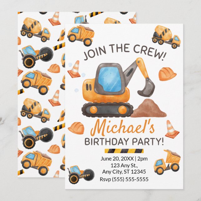 Invitación Construction Truck Birthday Invitation (Anverso / Reverso)