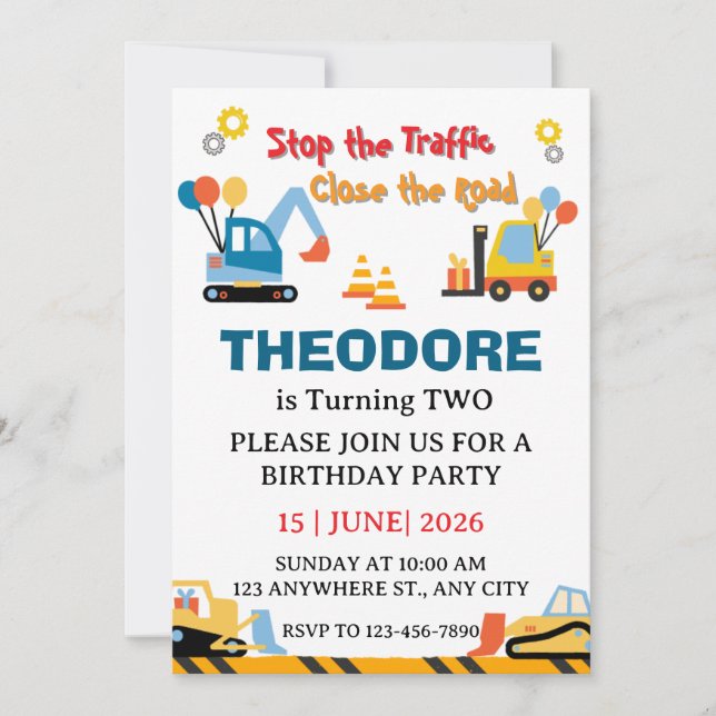 Invitación Construction Truck Vehicles Boys 2nd Birthday (Anverso)