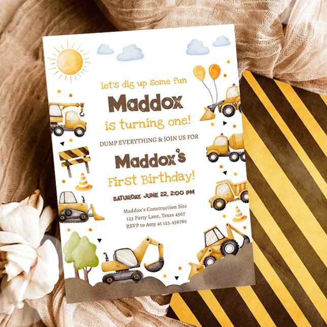 Invitación Construction Trucks Boy 1st First Birthday (Subido por el creador)
