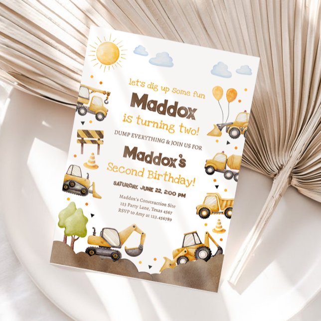Invitación Construction Trucks Boy 2nd Second Birthday (Subido por el creador)